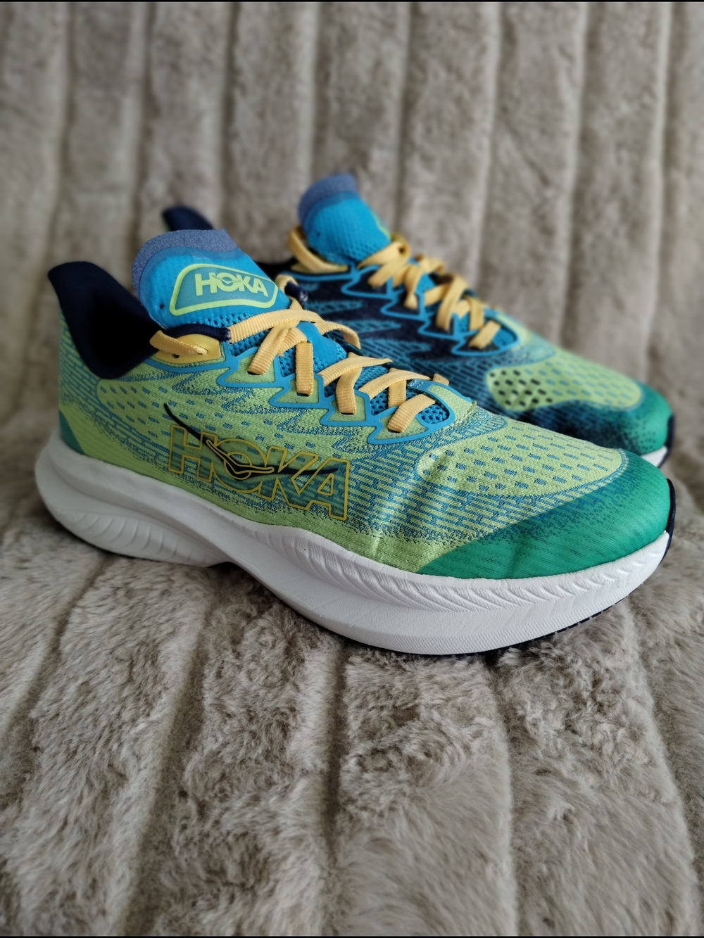 HOKA One One Mach 6 Running Shoes Blue Green Yellow Women’s 6.5 Athletic Sneaker